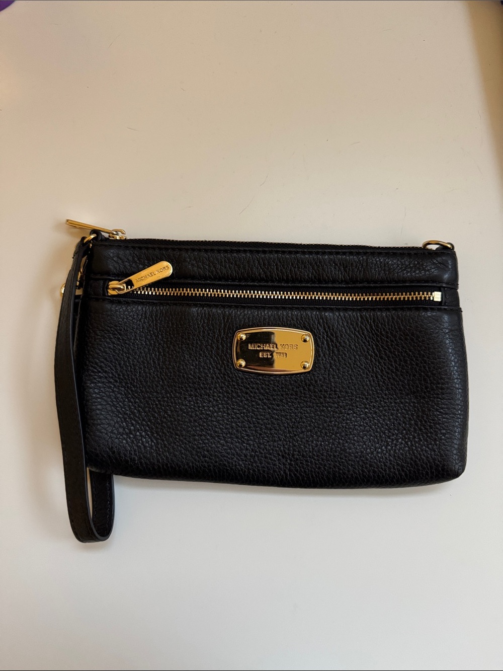Michael Kors Black Pebbled Leather Wristlet with Gold Hardware Plate